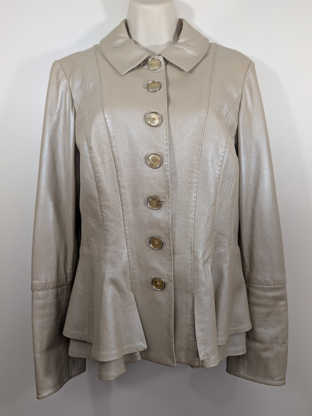 Leather Feminine Romantic Calfskin Jacket Peplum Button up Boho Trench Neutral
